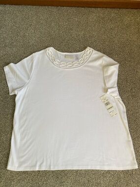 Alfred Dunner White Short-Sleeve Top with Loop-Trim Neckline